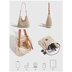 Sac fourre-tout décontracté en paille tressée ajourée pour femme, doublure en polyester durable, ouverture supérieure, 1-1,9 L, idéal pour la plage, les vacances et les voyages - Product Image 3