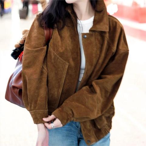4187-1 Factory Wholesale New Clothes Women's Leather Jacket Coat Brown Genuine Sheepskin Leather Suede Jacket for Ladies