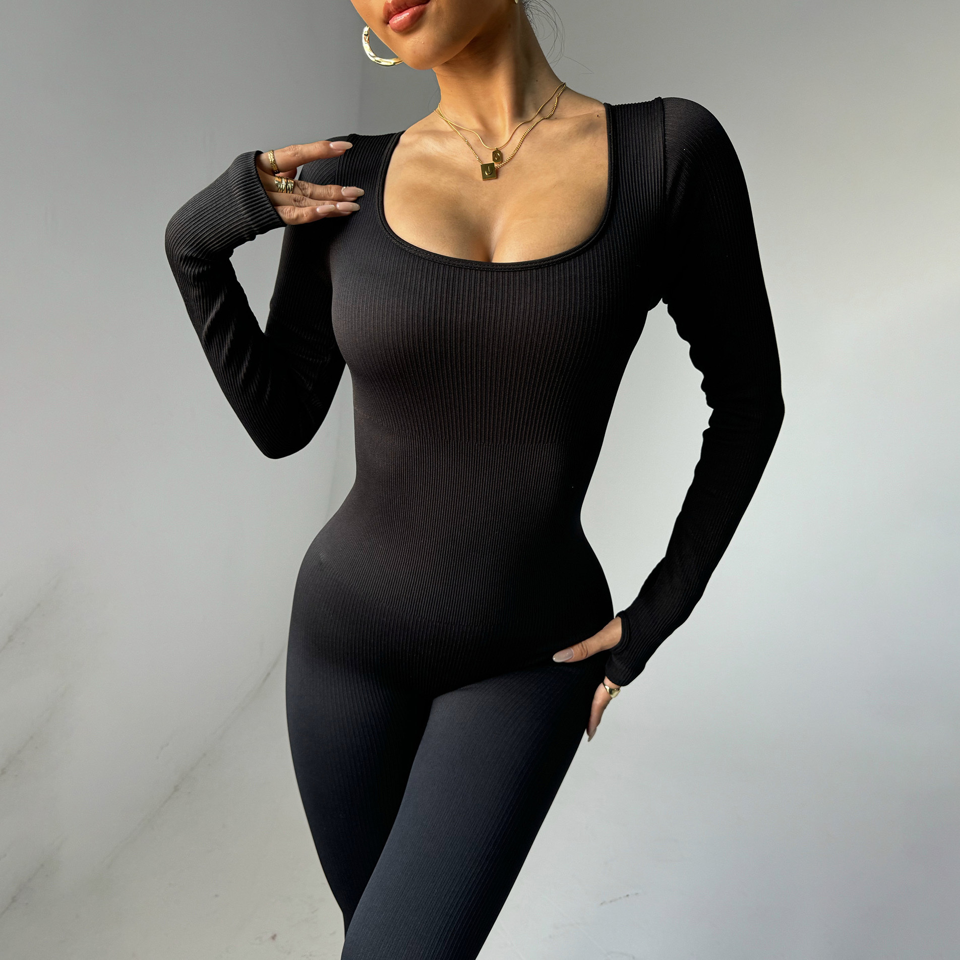 Lanyu Popular Women's Plus Size Backless Crew Neck Long-Sleeved Quick-Drying Eco-Friendly Fitness Bodysuit One-Piece Yoga