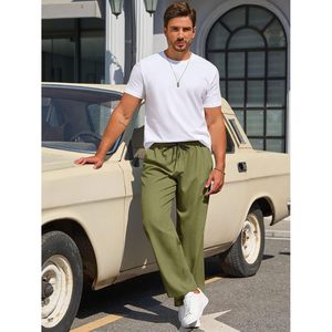 กางเกงลำลองผ้าลินินสำหรับผู้ชาย, กางเกงเลานจ์ชายหาดฤดูร้อนกางเกงเอวยางยืดมีเชือกผูกน้ำหนักเบาป้องกันริ้วรอย B0DRVCMGKK ย้อมธรรมดา2025 - Product Image 1