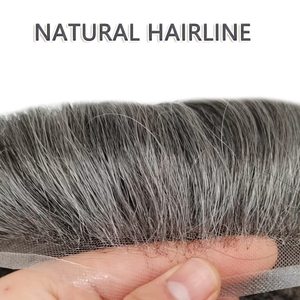 Tupé de Cabello Humano Natural Indio para Hombre, Base de Encaje Francés Completo, Sistema de Reemplazo para la Calvicie, Mezcla de Grises - Product Image 3