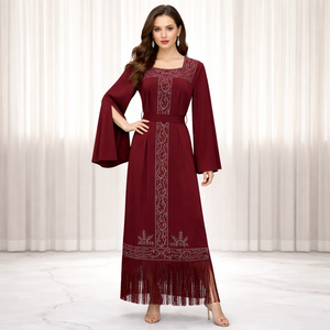 Burgundy Modest Maxi Dress for Women Beaded Party OEM - Product Image 1