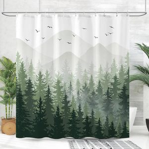 Cortina de ducha de bosque brumoso verde 3D tela verde oscuro con árbol natural impermeable baño decoración del hogar Stock personalizado - Product Image 3