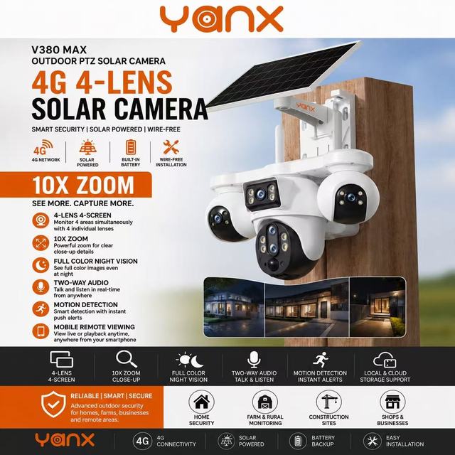YANX V380 Pro 5-Lens 3-PTZ Solar Outdoor Camera 4G Full-Color Night Vision IP66 Weatherproof 10X Zoom Dual Solar