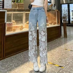 Donne Sexy <span class=keywords><strong>Pantaloni</strong></span> Larghi del Piedino Sheer Mesh Stella Stampa Splice Denim <span class=keywords><strong>Pantaloni</strong></span> A <span class=keywords><strong>Vita</strong></span> <span class=keywords><strong>Alta</strong></span> Casual <span class=keywords><strong>Pantaloni</strong></span> Allentati Dei Jeans di Modo Del Partito <span class=keywords><strong>pantaloni</strong></span> - Product Image 1