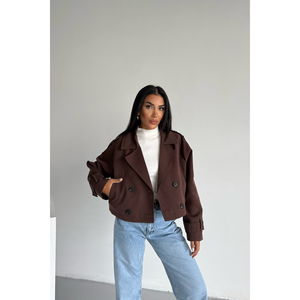 Gabardina Corta para Mujer, Color Café Amargo, Manga Larga, Corte Estructurado, Prenda Exterior Informal para Primavera y Otoño - Product Image 2