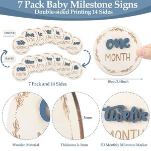 Tarjetas de hitos mensuales para bebés, letreros de hitos para bebés en 3D de madera, hitos mensuales para bebés recién nacidos de doble cara en azul - Product Image 3