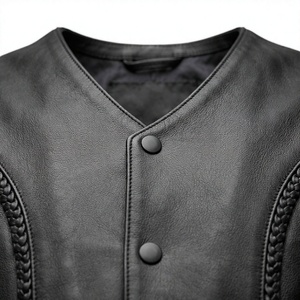 Chaleco de Motociclista para Hombre, Negro, de Cuero PU, sin Mangas, Cuello en V, Cierre de Botón, Estampado Animal, con Bolsillos Trenzados - Product Image 2