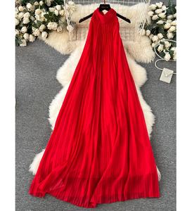 Новое модное красное платье Плиссированное длинное платье на бретельках для женщин пляжное платье в морском стиле для отдыха летнее женское платье - Product Image 1