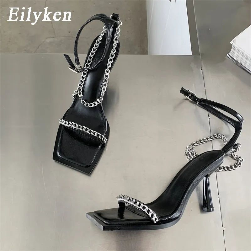Eilyken 2023 Summer Square Toe Women Sandals Designer Silver Chain Medium Heels Buckle Strap Slides Ladies Shoes