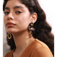 Boucles d'Oreilles Pendante Cœur Plaquées Or en Acier Inoxydable et Bois Marron, Bijoux Tendance JINYOU 2804, Vente Chaude