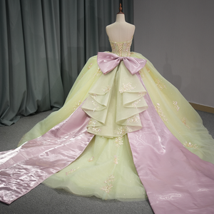 Jancember 1275 Robes de soirée élégantes en dentelle jaune avec nœud rose - Product Image 1