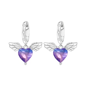 Pendientes de moda con diseño de corazón y alas de ángel en ombre morado CZ, chapados en rodio, tipo Huggie Hoop, joyería de latón a la moda para mujer, regalo. - Product Image 1