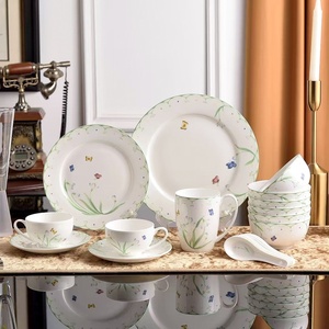 Export New Colorful Spring European Nordic Fresh Simple Style Plant Pattern Bone China Plate Bowl <b>Set</b> Coffee Cups Housewarming - Product Image 1
