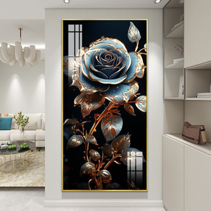 Lussuoso Quadro in Cristallo Blu Ghiaccio con Rosa, Stampa UV con Glitter, Dipinto Verticale in Porcellana per Decorazione Ingresso Hotel - Product Image 3