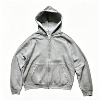 Vente en gros ODM Vêtements : Sweat à capuche zippé en molleton bouclette à épaules tombantes, style streetwear, uni, coupe ample, rétro, gris chiné