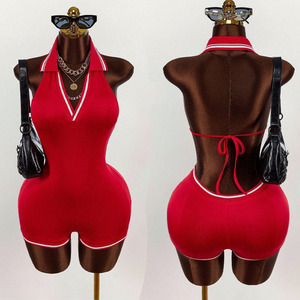 Combinaison de nuit sexy pour femmes, nouvelle combinaison sans manches à col halter en V <span class=keywords><strong>rouge</strong></span> - Product Image 6
