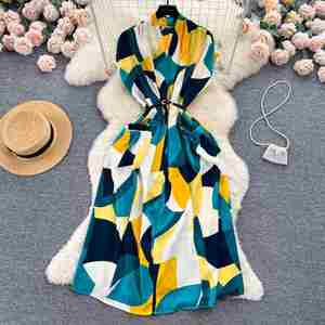 Vestido midi vintage de verano con cuello en V y estampado imperio para mujer, estilo túnica ajustada con encaje - Product Image 5
