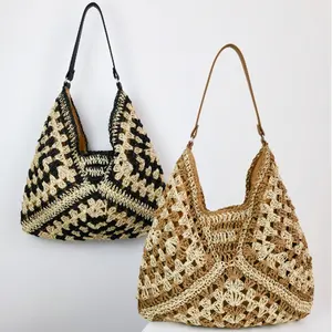 F-2444 carré fleur triangle 2024 mode sacs à main été élégant sac à bandoulière paille crochet sac femme épaule grand fourre-tout