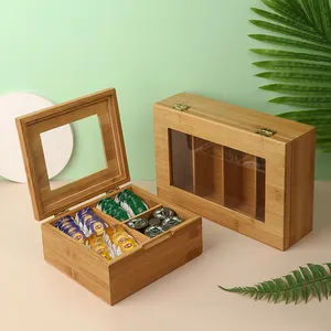 Caja de almacenamiento de té de madera con tapa bisagras, organizador de bolsas de té de bambú, 8 compartimentos