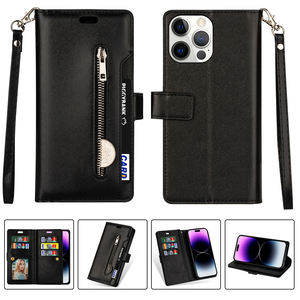 Étui en cuir multifonctionnel avec fermeture à glissière 9 fentes pour cartes pour <span class=keywords><strong>iPhone</strong></span> 17 Air 16E 16 Pro 15 14 13 12 11 Pro <span class=keywords><strong>XS</strong></span> Max Plus Stand Holder - Product Image 1