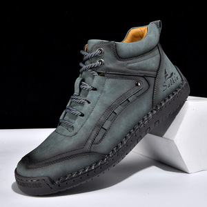 Botas de Tobillo Altas Cosidas a Mano en Cuero Genuino Azul, Zapatos Casuales de Senderismo Antideslizantes y Resistentes al Desgaste - Product Image 4