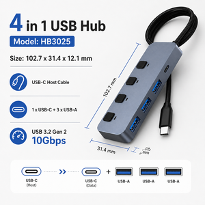 Hub USB 3.2 Gen 2 10 Gbps 4 <span class=keywords><strong>en</strong></span> 1 <span class=keywords><strong>en</strong></span> aluminium avec interrupteurs d'alimentation individuels, 1 port USB C et 3 ports USB A - Product Image 5
