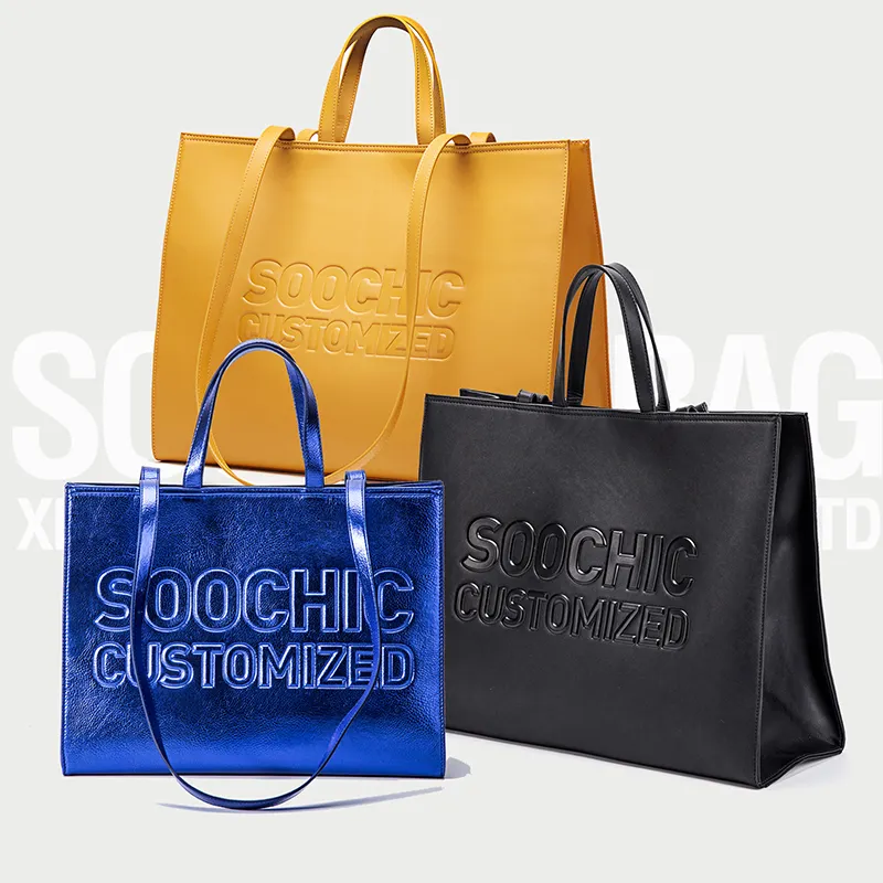 Tùy Chỉnh Sang Trọng Lớn Lên Khắc Dập Nổi Da Nâu Cực Lớn Tote Bag Đối Với Phụ Nữ, Quá Khổ Da Đen Shoulder Tote Túi