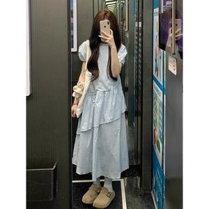 French Style Blue Dress For Women Crew Neck Natural Waist Splicing Breathable Daily Casual Long Dress - Product Image 4