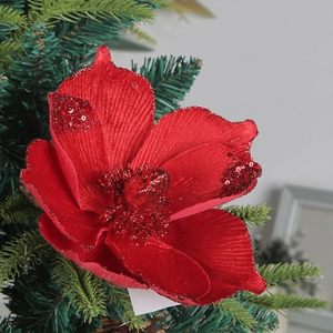 Velvet Artificial Glitter Magnolia Flowers and Poinsettia Ornaments <b>for</b> <b>Christmas</b> <b>Tree</b> 21x24CM Matel <b>Base</b> Home Decoration - Product Image 3