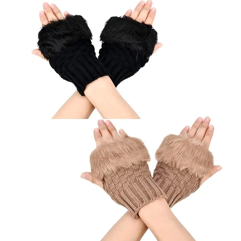 Hot Sale Women Faux Rabbit Fur Glove Hand Wrist Crochet Knitted Fingerless Gloves Knitting Mittens Winter Gloves