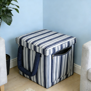 Banc <span class=keywords><strong>de</strong></span> rangement pliable moderne et tabouret <span class=keywords><strong>de</strong></span> coiffeuse pliant en tissu à rayures carrées avec poignée et poche - Product Image 1