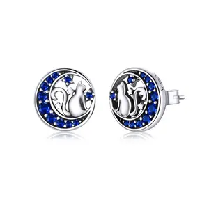 OEM wholesale silver 925 sapphire latest fashion earring summer diamond moon enamel unique cat cute stud earrings for women