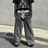 Pantalon baggy à jambe large en toile brodée personnalisée, mi-lourd, respirant, séchage rapide, effet vieilli, style streetwear hip-hop