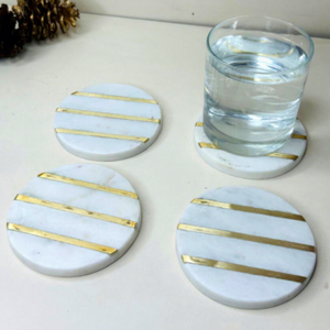 Sous-verres en marbre faits à la main avec incrustation dorée, dessous de verre circulaires en pierre pour la décoration de la maison - Product Image 1