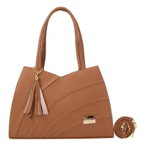 Sac à main pour femme Fana Kanya en cuir PU camel imperméable, sac de plage à fermeture ouverte, décoration à pompon, style luxueux - Product Image 3