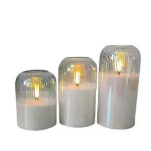 New Style 3D Real Flame Smoked Ribbed Clear Glass Remote Control White Wax Led Candle for Home Decor