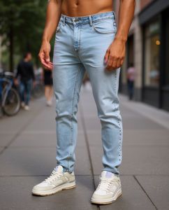 Custom Brand Men Slim Fit Light Blue Denim <b>Jeans</b> Mid Waist Straight Cut Casual Washed Cotton Spandex Breathable Street Style - Product Image 2