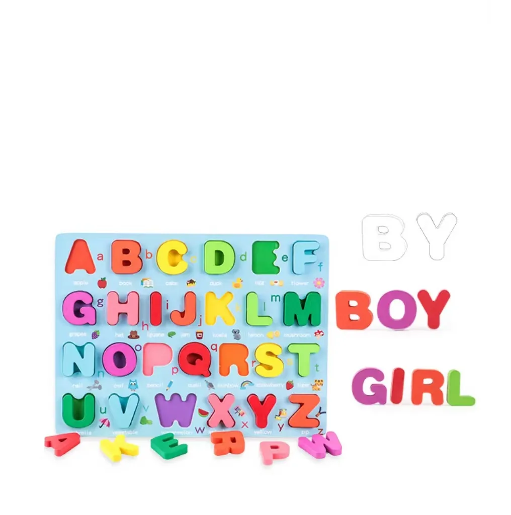 Papan alfabet Montessori Inggris untuk balita angka huruf ABC dan bentuk mainan Puzzle kayu untuk anak-anak belajar pendidikan