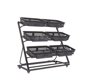 Ventes d'usine présentoir à fruits légumes pliable 3 couches gondole étagères supermarchés avec paniers <span class=keywords><strong>magasin</strong></span> d'aliments frais - Product Image 1