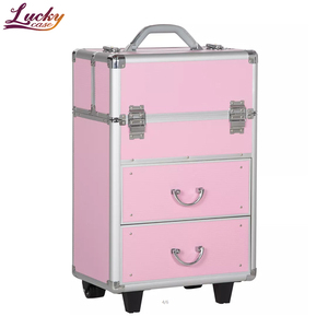 Valise de maquillage <span class=keywords><strong>Lcuky</strong></span> en aluminium brillant, fabriquée en Chine, avec fermeture ouverte, élégante, pour cosmétiques, avec roulettes - Product Image 2