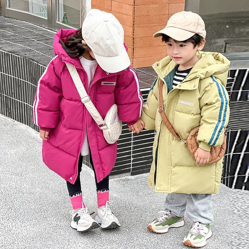 Модный длинный пуховик для мальчиков и девочек, осенне-зимняя детская однотонная парка с хлопковой подкладкой, пальто для детей, верхняя одежда с капюшоном