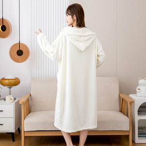 Peignoir en polaire pour femme avec poche fraise, manches longues, à capuche, blanc beige, doux, absorbant, pour la maison, automne hiver, confortable - Product Image 2