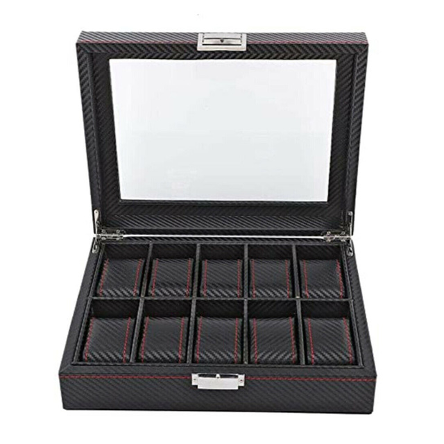 MEN CARBON FIBER EFFECT 10 WATCH BOX STORAGE DISPLAY CASE