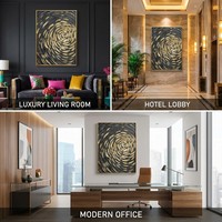 Peinture à l'huile peinte à la main, spirale abstraite noire et or texturée, grand format, couteau à palette, vente en gros, galerie, hôtel, cadre métallique