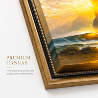 Peinture à l'huile peinte à la main Coucher de soleil sur la mer, Vague de l'océan, Falaise, Rayons de soleil dorés, Paysage marin de la côte rocheuse, Décoration murale sur toile