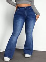 Jean en denim uni pour femme, taille plus, coupe évasée longue, élégant, décontracté, avec poches, pour le quotidien