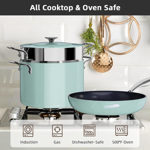 Juego de Utensilios de Cocina Antiadherentes de Cerámica y Aluminio Ligero de 13 Piezas, con Tapas de Vidrio, Resistentes al Calor, con Asas de Acero Inoxidable, Aptos para <span class=keywords><strong>Horno</strong></span>, Libres de PFAS - Product Image 5
