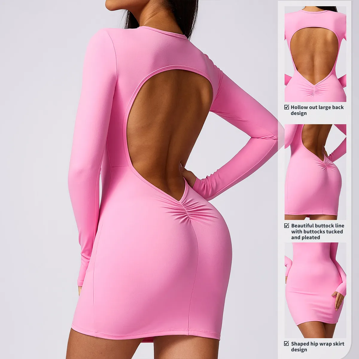 CLT8688 Women Sexy One-piece Dress Back Hollow Out Long Sleeves Tennis Dress Hip Wrap Dress Tight Fit Outdoor Active Wear