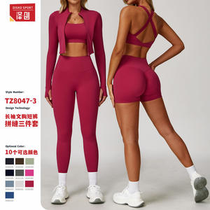 Conjunto de Yoga Cloud-feel de Tres Piezas: Top Corto de Color Liso, Shorts de Cintura Alta y Cárdigan con Cierre de Cremallera, para Correr, Fitness y Moldear el Cuerpo - Product Image 3